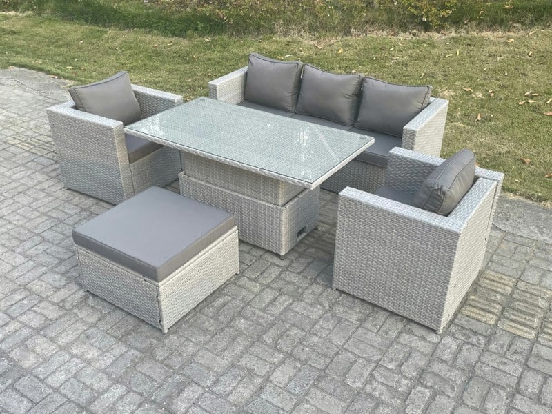 Fimous Rattan Garden Funiture Set Adjustable Rising Lifting Table Sofa Dining Set With 2 Arm Chair Big Footstool