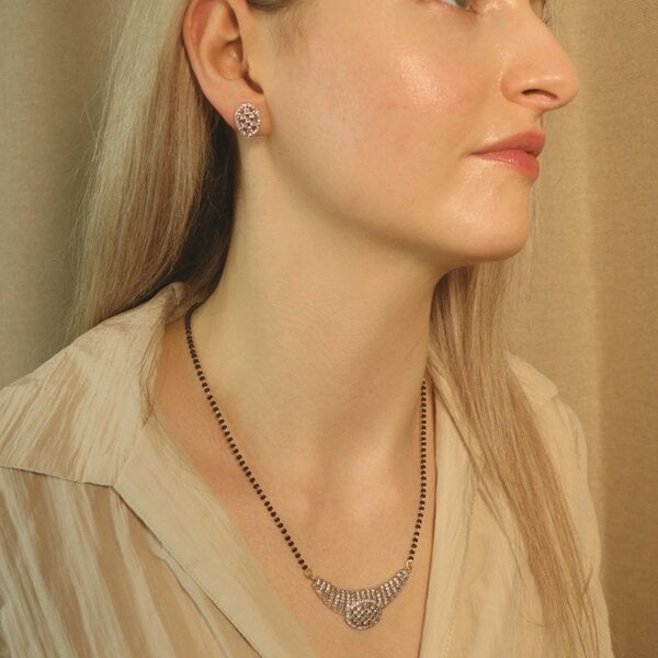 The Colourful Aura Indian Nazaria Silver Zircon Dangle Mangalsutra Black Beads Earring and Pendant Necklace