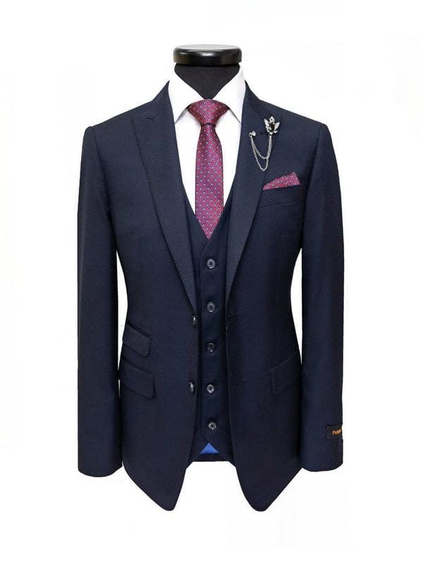 Navy two-button 3-piece suit by PAMONI, featuring tailored jacket, matching vest, and trousers on a white background.