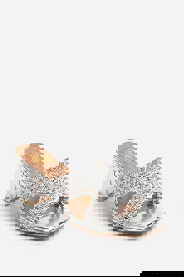 Where's That From Summer Woven Strap Block Heel Slides in Silver Metallic Faux Leather