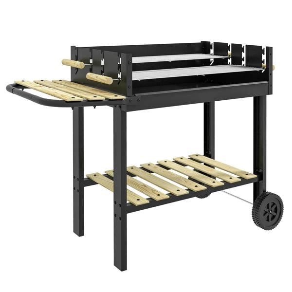 Black BBQ grill trolley with side table, slatted wood shelves, double grill, wheels