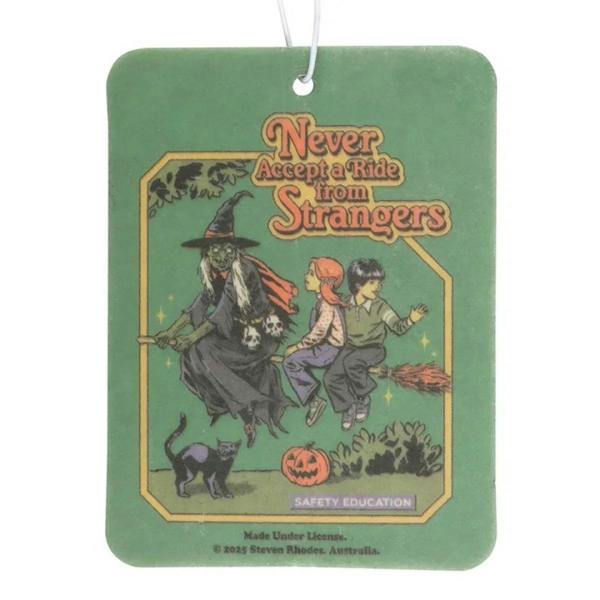 Green hanging air freshener close-up tag with witch and kids illustration