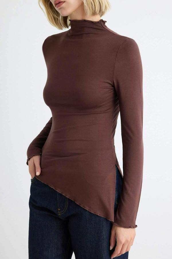 WOVCOR High Neck Asymmetric Long Sleeve Fitted Blouse
