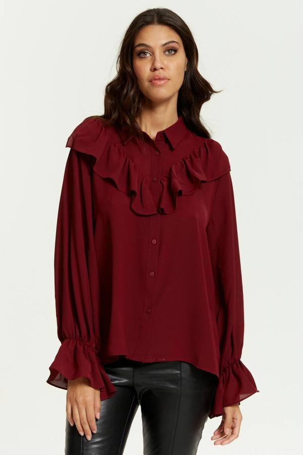 Hoxton Gal Oversized Frilled Front Shirt with Detailed Cuffs in Burgundy