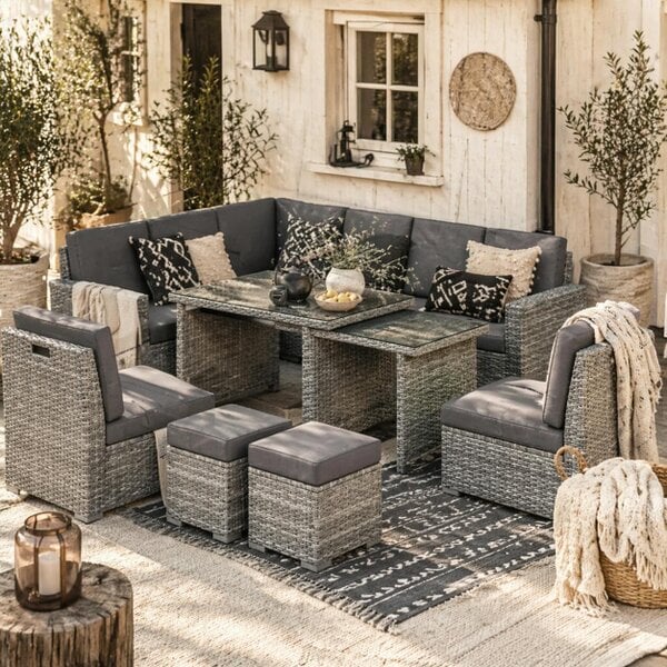 Wyld Haus Nomiri 10 Seater Rattan Light Grey Outdoor Garden Sofa Set With Extendable Dining Table