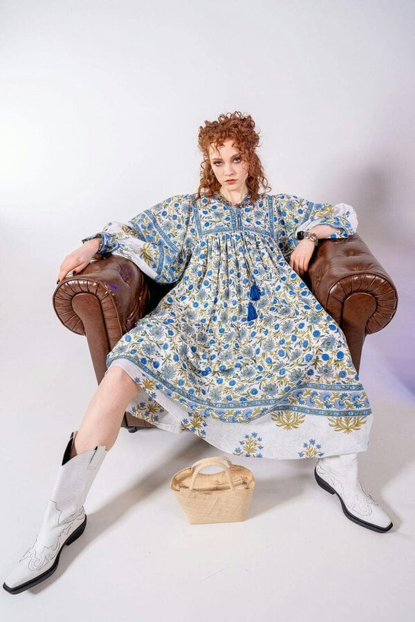 Amelia San Floral in Blue/Green Floaty sleeve maxi folk dress in woodblock print