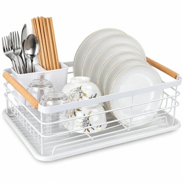 ATEK Dish Drying Rack with Drain Tray, Cutlery Holder & Wooden Handles White