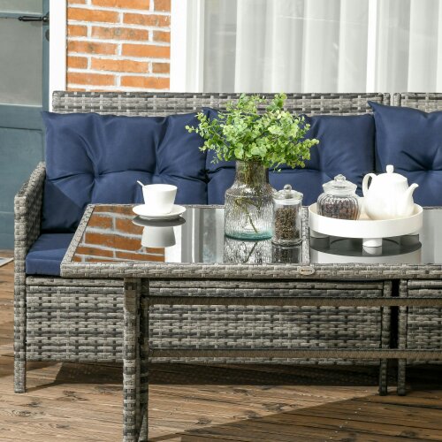 Wyld Haus Rarapa Rattan Dark Blue 7 Seater Garden Sofa Set With Glass Table And Cushions