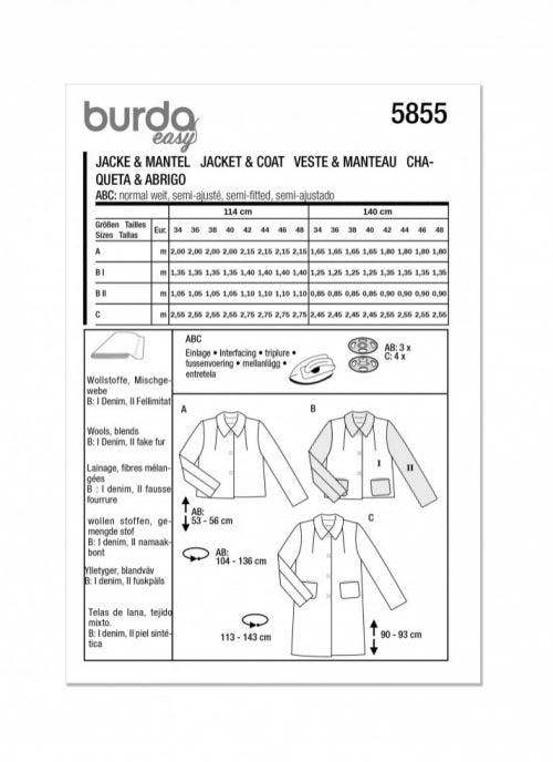 Burda Sewing Pattern 5855 Jackets and Coats For Women, 8-22 (34-48) - Easy