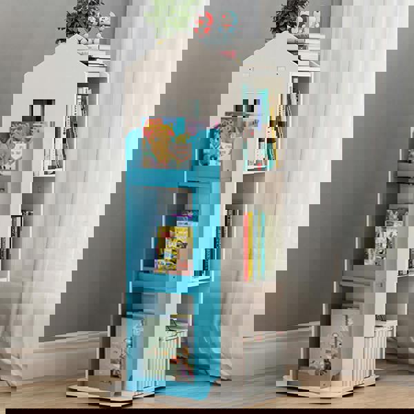 Living and Home House Frame Rotating Bookshelf Storage Rack - Blue