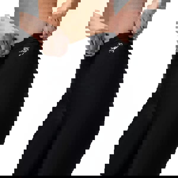 Black Speedo Essential Solid Swim Long Shorts with white logo and zipper