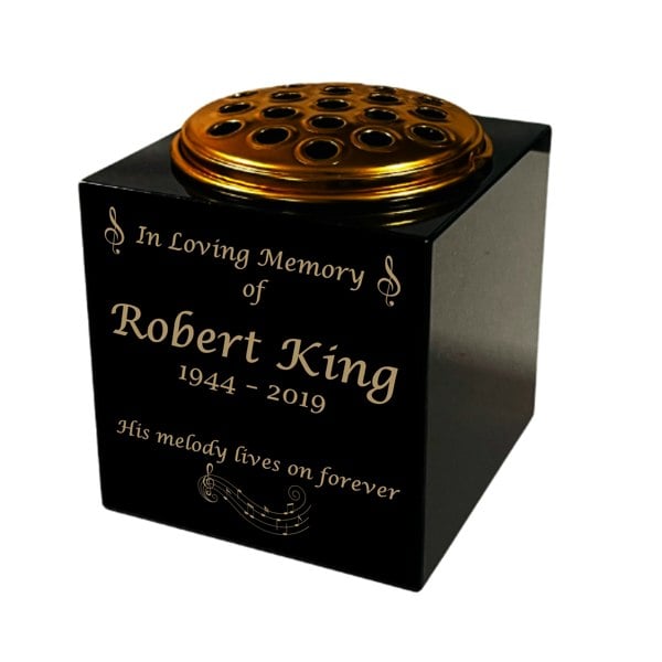 Memorials Direct Granite Memorial Vase- Solid Granite – Free Personalised Gold Engraving, Musical Notes – Includes Metal Flower Pot Insert
