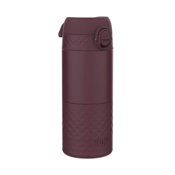 A dark-burgundy ION8 water bottle sits upright against a white background. The bottle features a textured, diamond-patterned base and a hinged, snap-on lid.