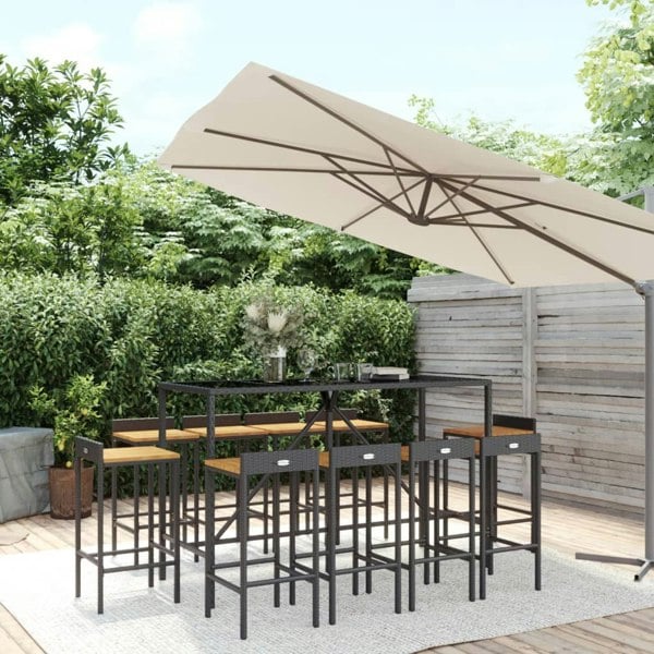 Berkfield 11 Piece Garden Bar Set Black Poly Rattan& Solid Wood Acacia