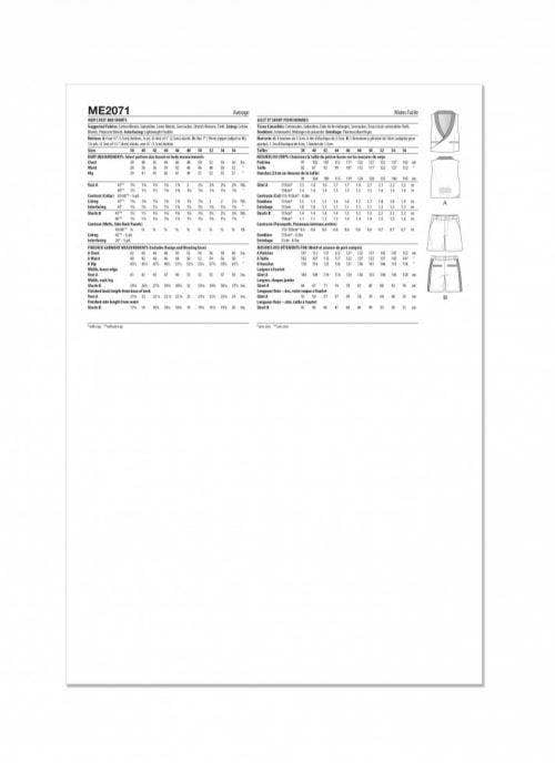 Know Me Sewing Pattern 2071, Waistcoats, Shorts for Men, AA (38-40-42-44-46) - Intermediate