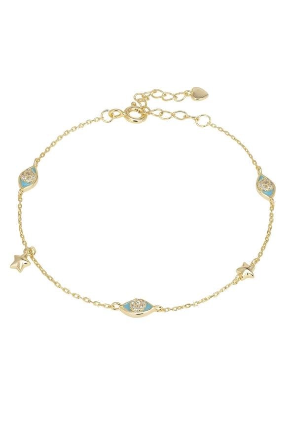 Gold bracelet with decorative elements on a white background