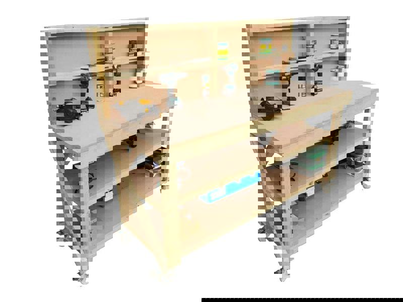 Wooden MDF Top Workbench – Sturdy Mobile Workstation with Back Panel, Double Shelf, and Wheels, Ideal for Dry Indoor Spaces Such as Garages, Workshops, and Studios