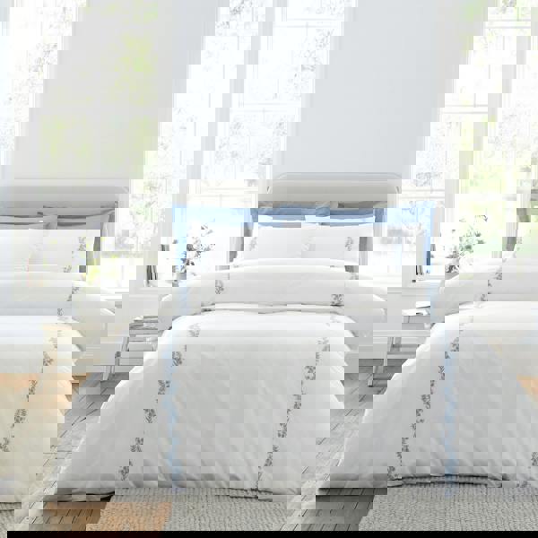 Bianca Camille Embroidered Floral 200 Thread Count Cotton Duvet Cover Set White / Blue