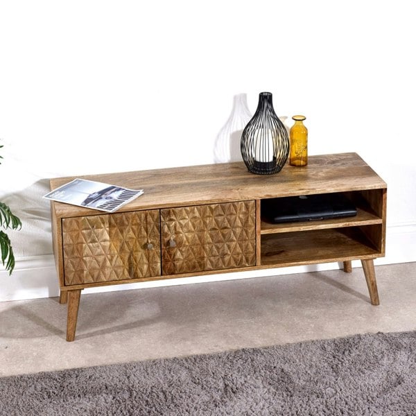 IH Design Zenon Light Mango Wood TV Stand with 2 Doors & 2 Shelves