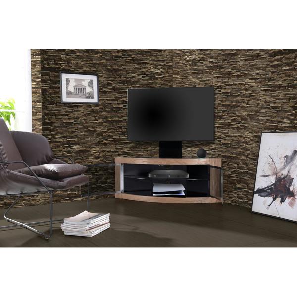 Homeology PANGEA Black/Oak Beam-Thru Curved True-Corner 32"-50" TV Cabinet with Mounting Arm