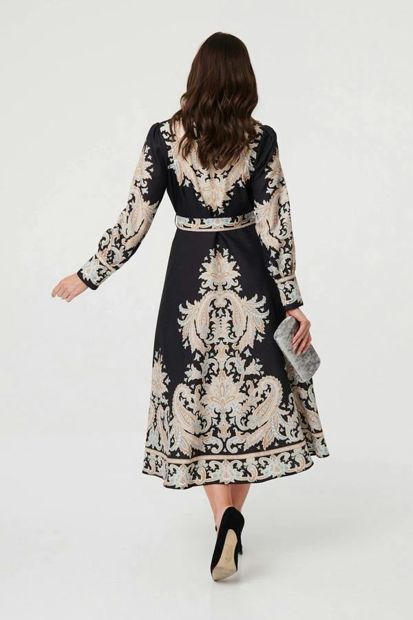 Black | Floral Border Tie Waist Midi Dress