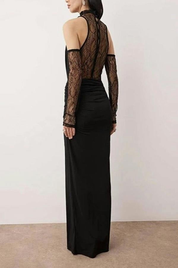 WOVCOR Deep Cowl Neck Maxi Evening Dress with Lace Detail
