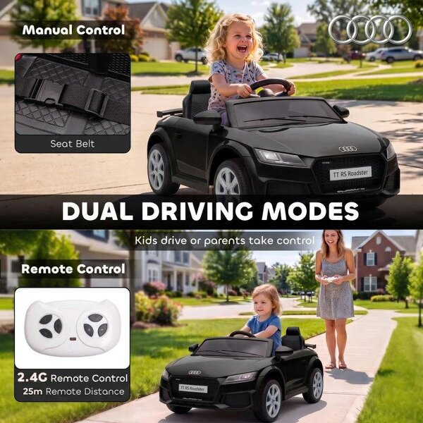 12V Audi TT RS Licensed Electric Car, Electric Ride On Toy with Remote Control, Dual Motors, 4-Wheel Suspension, Black