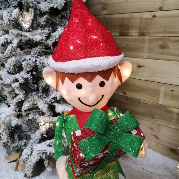 Samuel Alexander 107cm Warm White LED Lit Elf Character with Present Christmas Decoration in Green and Red