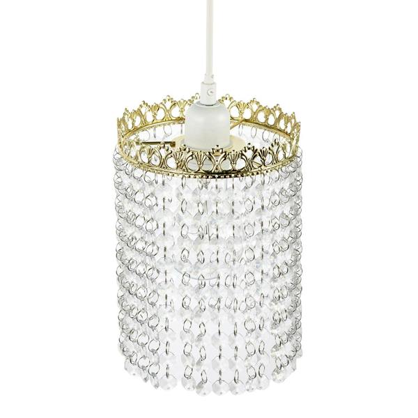 Polished Gold Crown Pendant Light Shade with Strings of Clear Beads Image 3