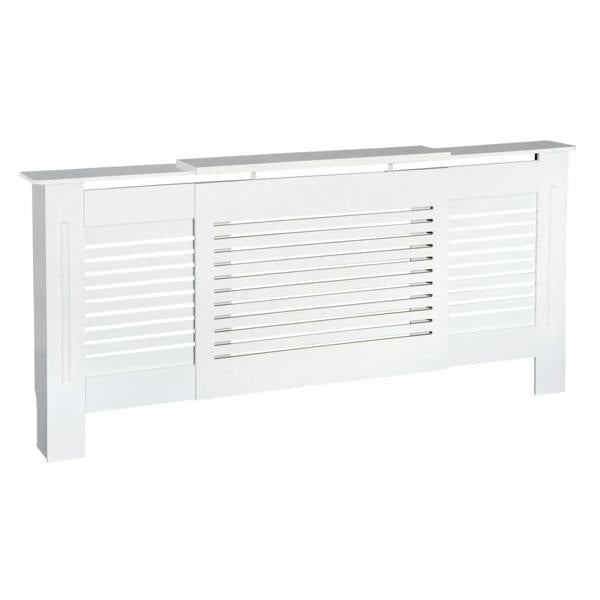 White extendable radiator cover cabinet with horizontal slat front panels and open sides