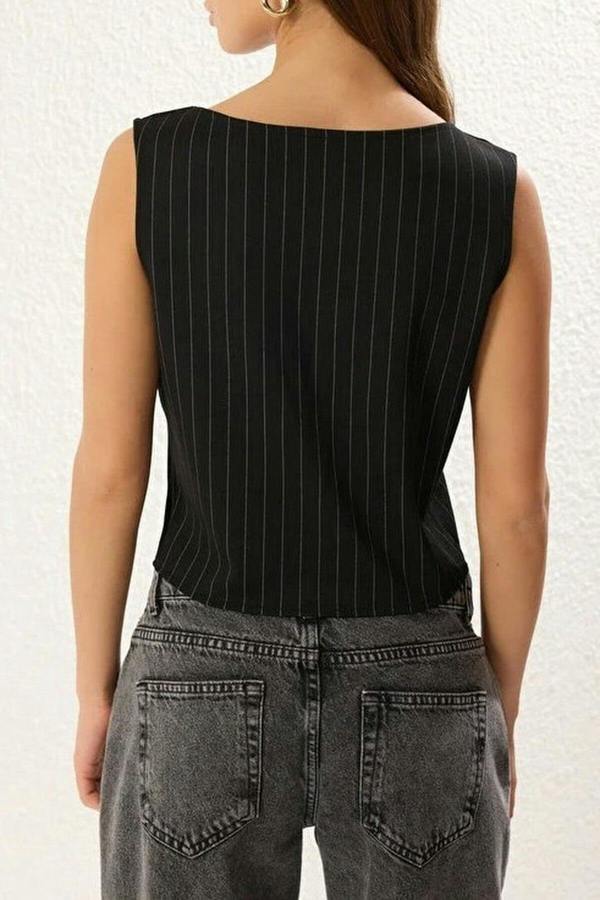 WOVCOR Striped Ribbon Tie Detail Fitted Square Neck Knitted Blouse
