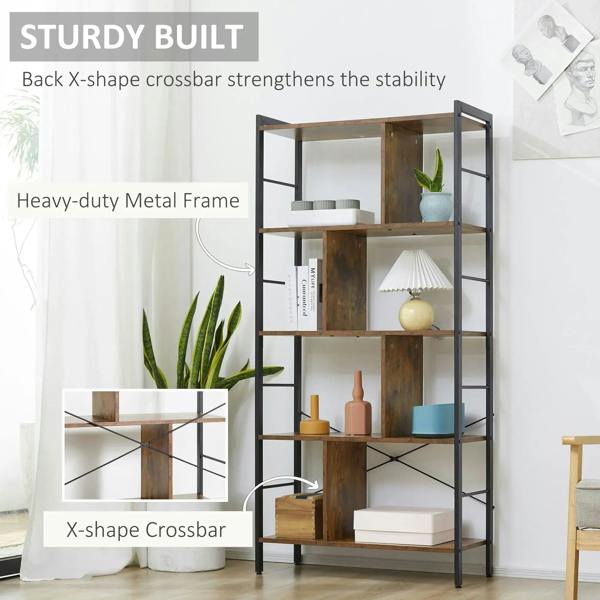 Industrial storage bookcase with black metal frame and rustic brown boards; sturdy open shelving.