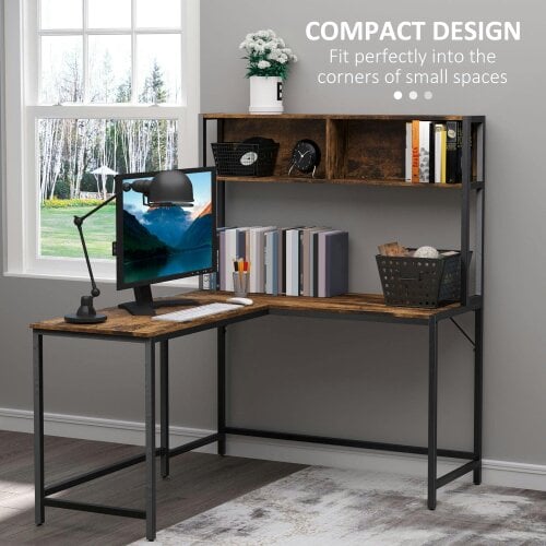 Wyld Haus Monoba 140cm Mani Metal And Wooden Brown Industrial L Shaped Desk With Bookshelf