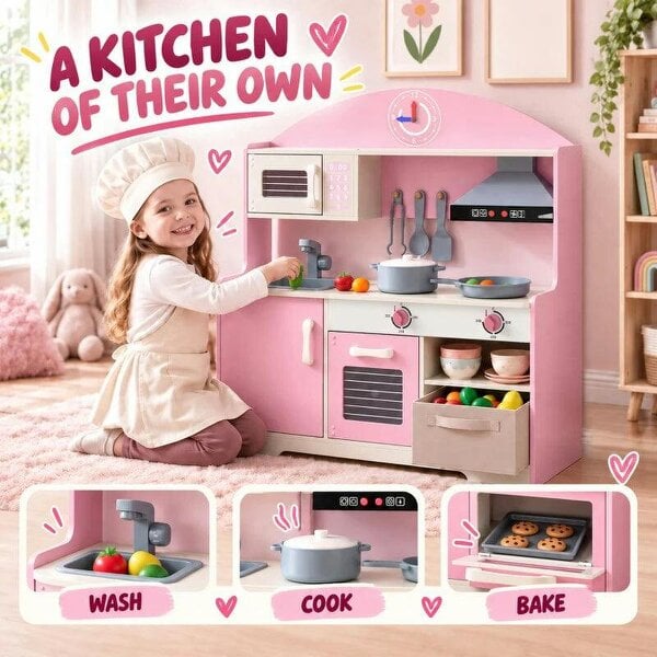 Bobobiy Kids Play Kitchen with Lights & Sounds, Pretend Play Toy set with Fabric Drawer, 5-Piece Accessories for 3-6 Years, Pink