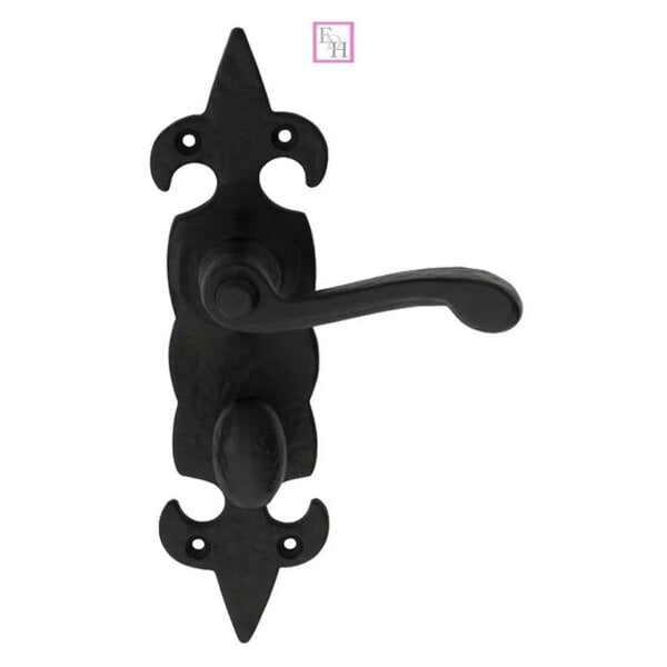 EDH Door Hardware Black Cast Iron Fleur-de-Lys Bathroom Door Handles – Antique Privacy Lever Set