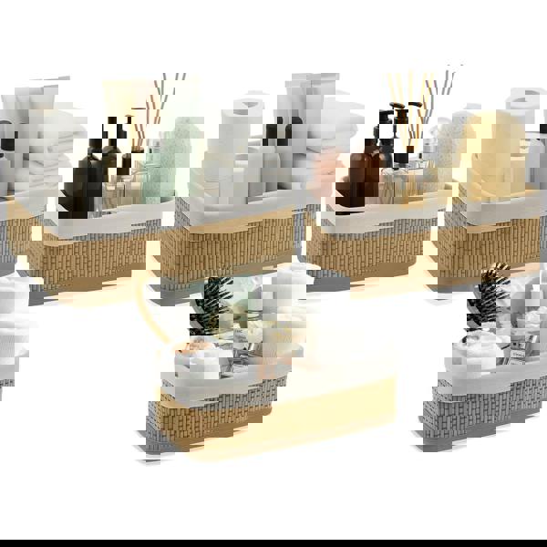 MANTRARAJ Bamboo 3PCS Rectangular Shelf Basket Set 3 Storage Bins Storage Shelf Baskets with Lining