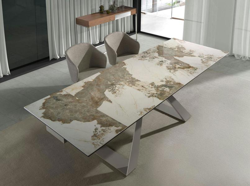 Angel Cerdá Rectangular extending dining table in porcelain marble and taupe grey steel 1117