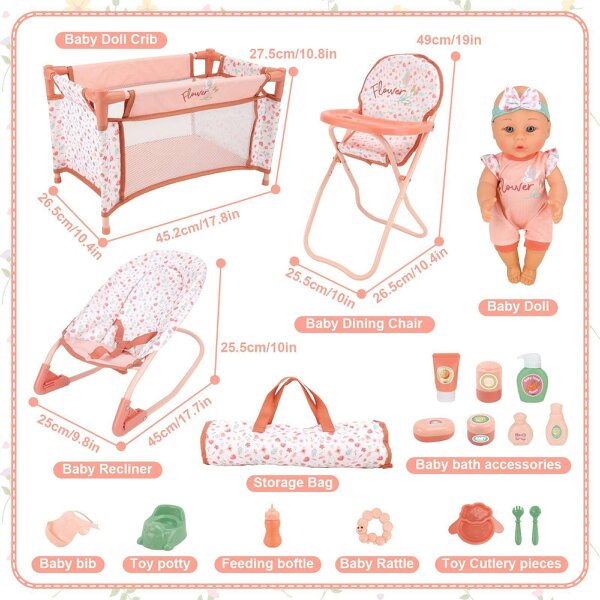 deAO Baby Doll Nursery Playset with 12" Doll, Crib, High Chair & Accessories for Kids 3+