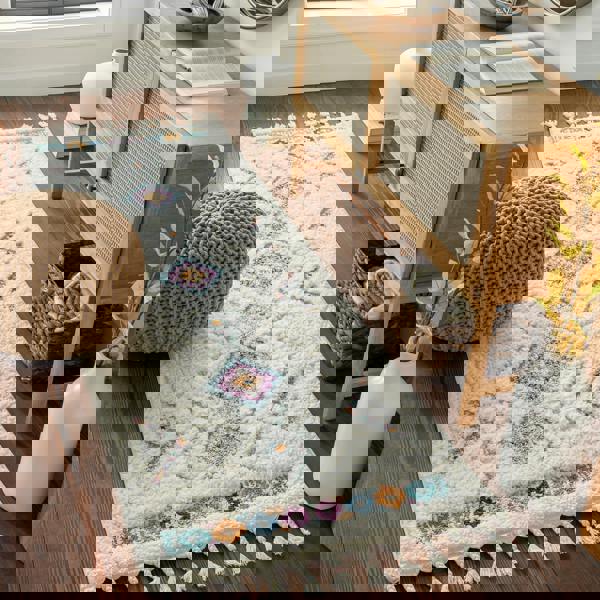 Livabliss Lofty-Shaggy Ivory Orange Blue Vintage Boho Plush Soft Pile Fringe Rug