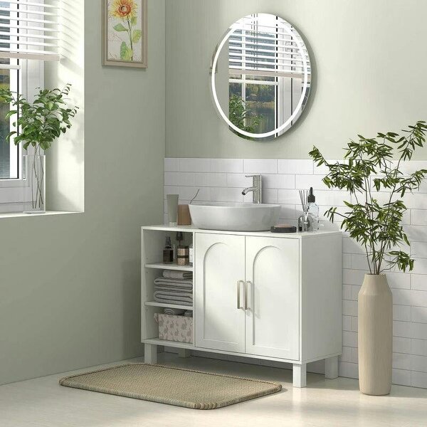 Under Sink Cabinet, Bathroom Sink Cabinet with U-Shaped Cutout, Two-Level Cupboard, Adjustable Shelf for Basin, Cream
