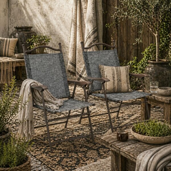 Wyld Haus Hael Set Of 2 Metal Grey Folding Garden Chairs With Fabric Mesh Seats