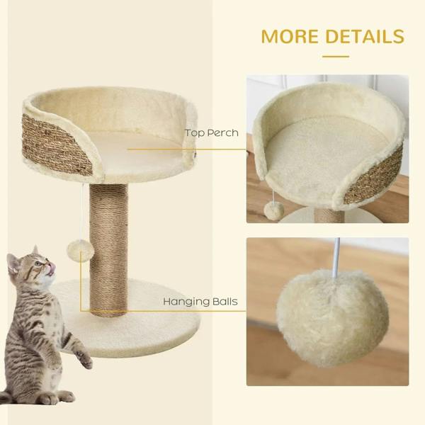 Beige cat tree top perch and hanging balls over sisal post and round base