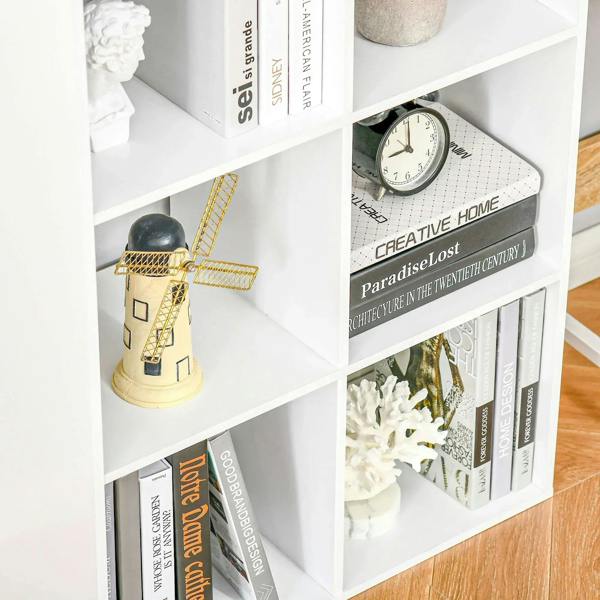 White 6-cube bookshelf close-up with open compartments holding books