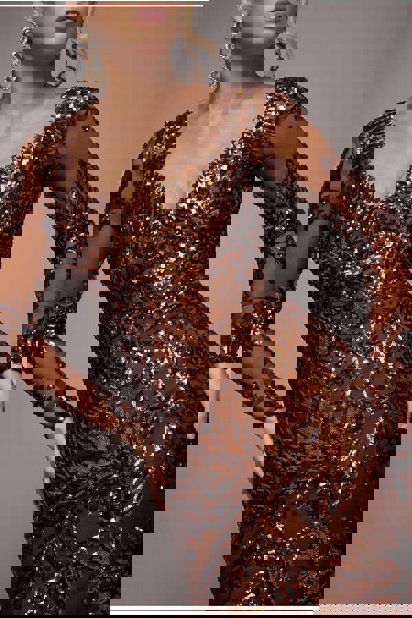 Sequin Leaf Long Sleeve Maxi Dress - Bronze DR4359