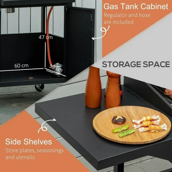 Black BBQ grill storage cabinet with open compartment and side shelves for accessories