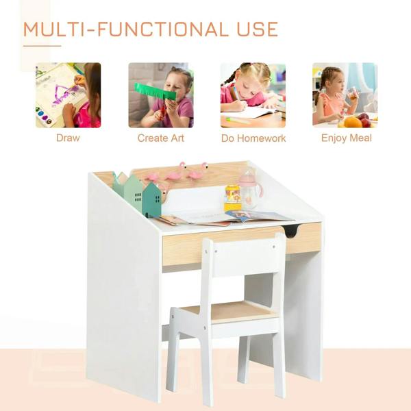White kids desk with light wood top and built-in shelf plus matching chair