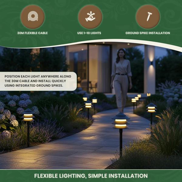 Garden Lights Set of 10 – Low Voltage Pagoda Pathway Lights with 30m Cable, Transformer & Ground Spikes