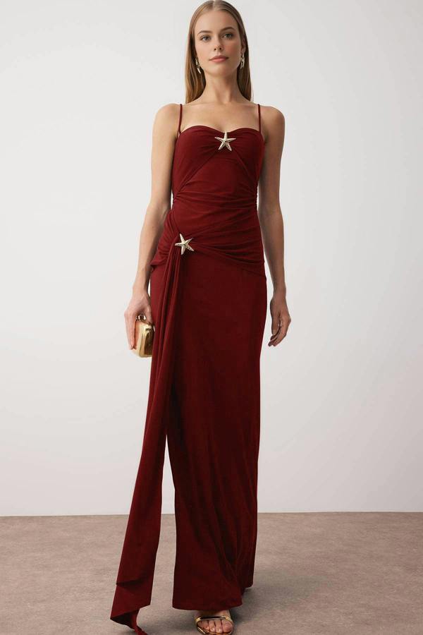 WOVCOR Accessory Detailed Knitted Maxi Evening Dress