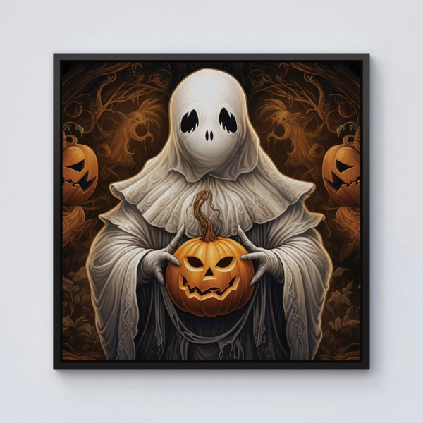 Warren Reed Spooky White Ghost Holding Pumpkin Framed Canvas