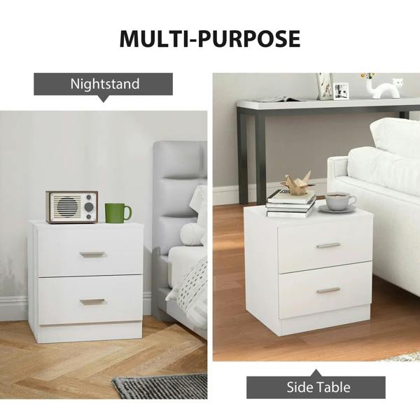 White bedside table with two drawers and metal bar handles, multi-use design